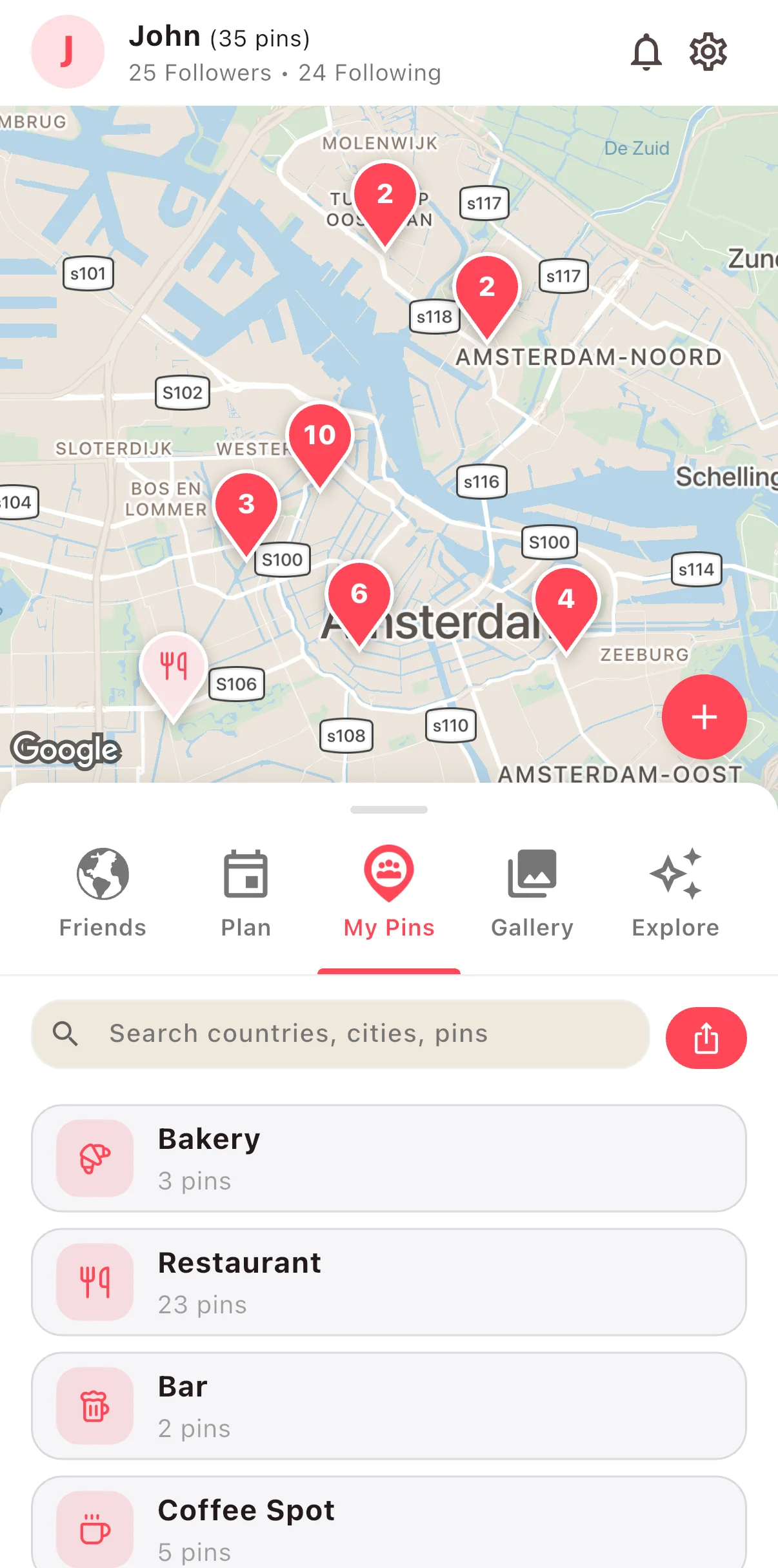 The My Pins tab in the LOQI app, showing saved places on a personal map